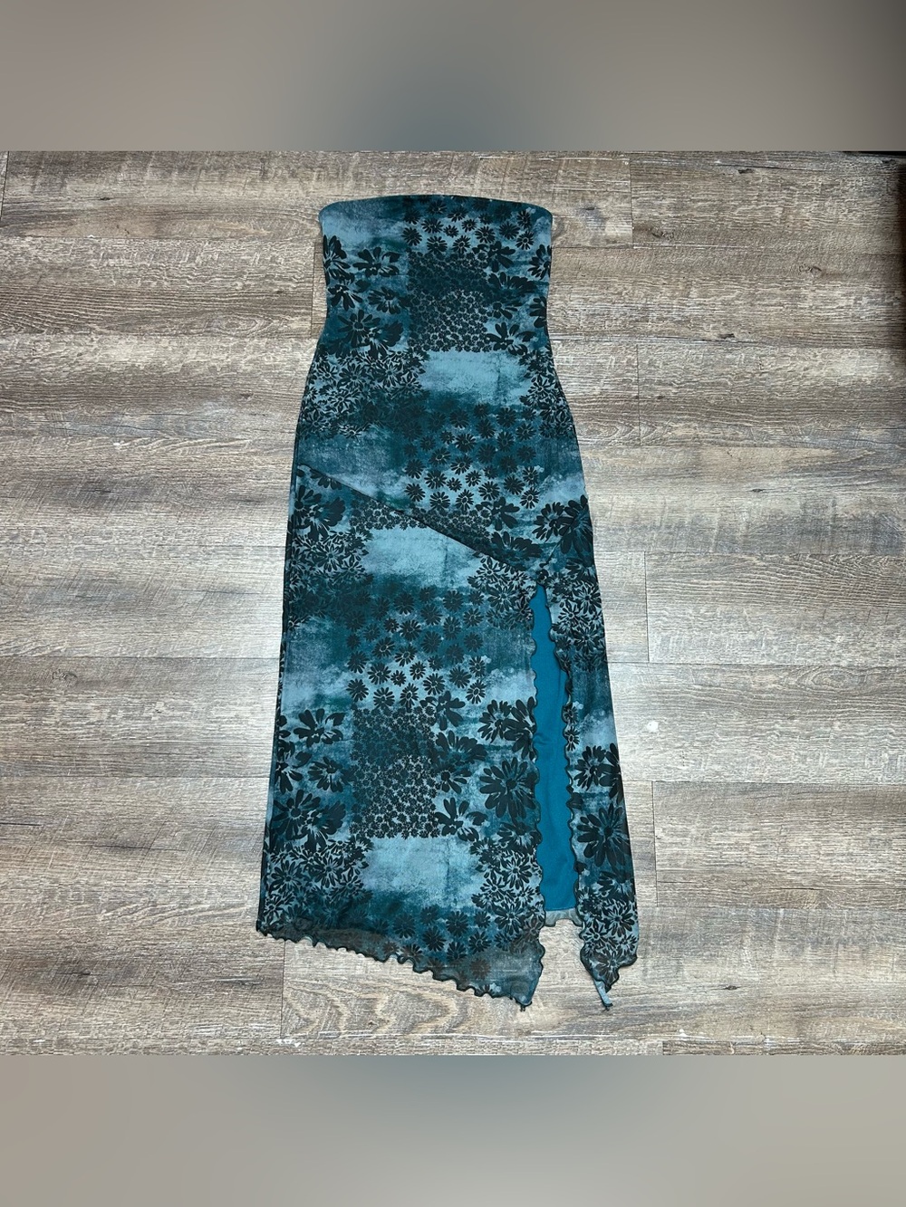 Urban Outfitters Samara Mesh Teal Floral High Side Slit Midi Dress Lettuce Hem